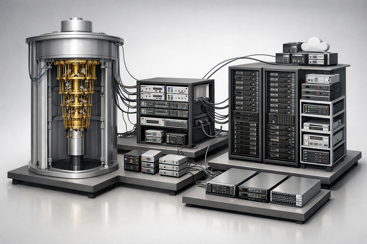 Hybrid quantum–classical computing system showing a quantum processor integrated with classical servers, control electronics, and orchestration infrastructure.