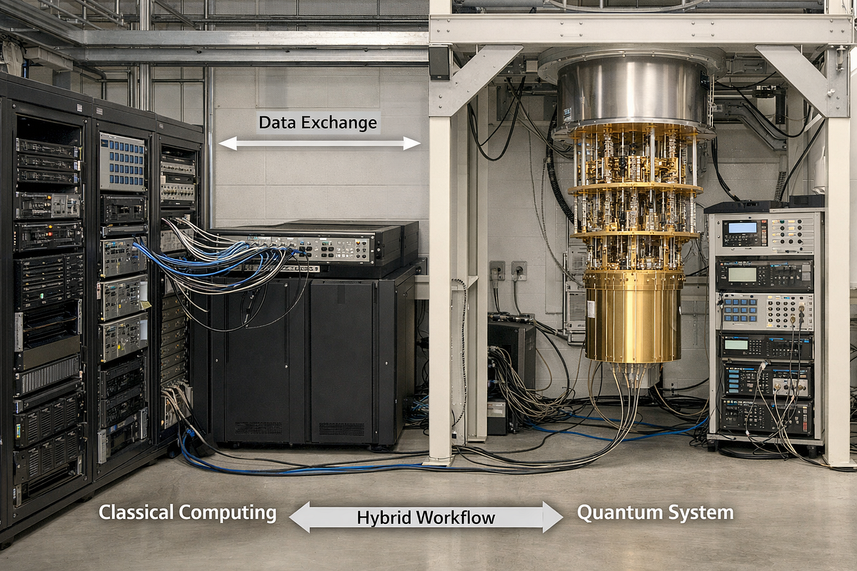 Hybrid quantum–classical computing workflow showing classical servers coordinating execution on a quantum processor.
