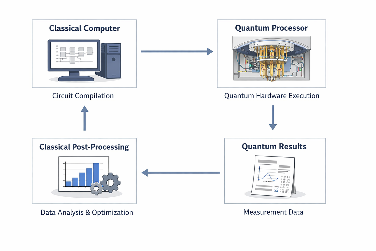 Diagram illustrating the hybrid classical and quantum workflow used to execute quantum algorithms.