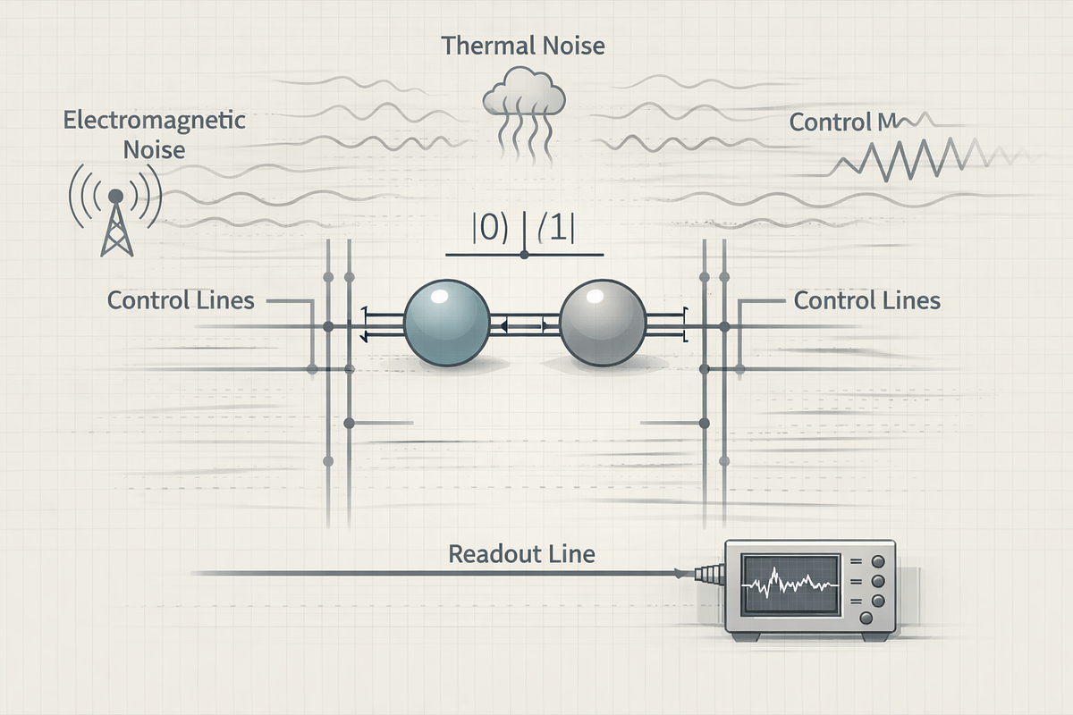 Illustration showing how environmental noise and decoherence affect qubits and control signals in a quantum computing system.