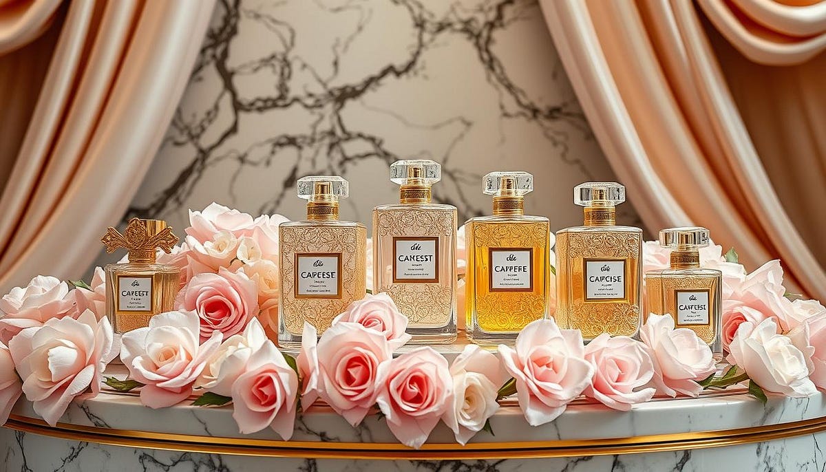 A luxurious perfume display featuring elegantly designed bottles with intricate patterns and gold accents, surrounded by soft pastel flowers and shimmering fabrics, set against an opulent background of marble and silk drapes, evoking a sense of sophistication and indulgence.