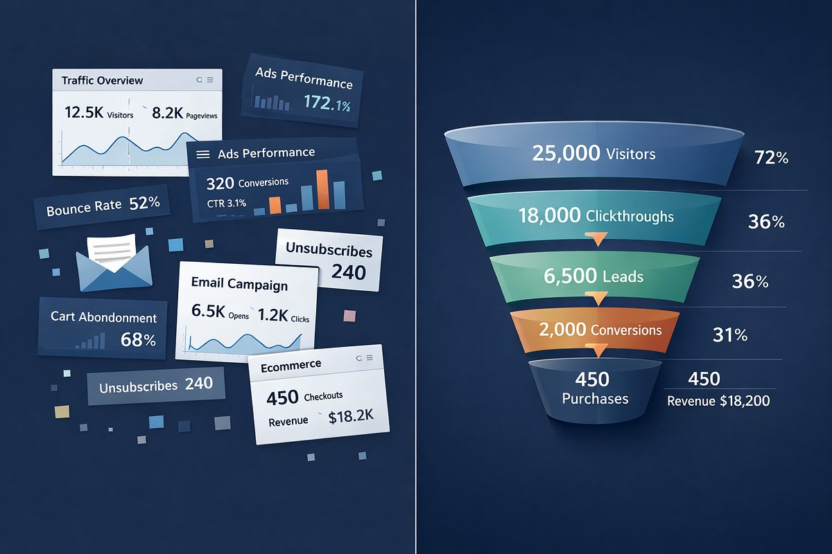 “Comparison between fragmented marketing analytics tools and a unified funnel performance overview.”