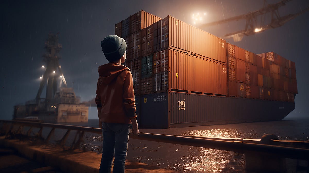 An photo of a young boy looking at the containers on a container ship when leaving the port