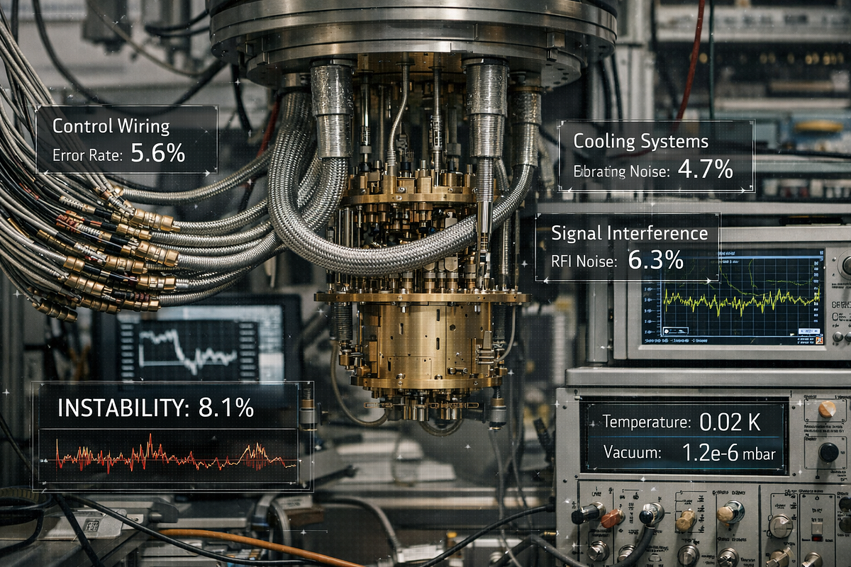 Quantum computing hardware environment showing control electronics and sources of noise that impact qubit stability and error rates.