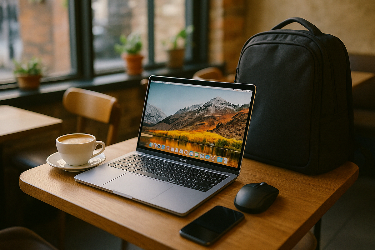 "Remote work setup in a café representing flexible online income lifestyle."