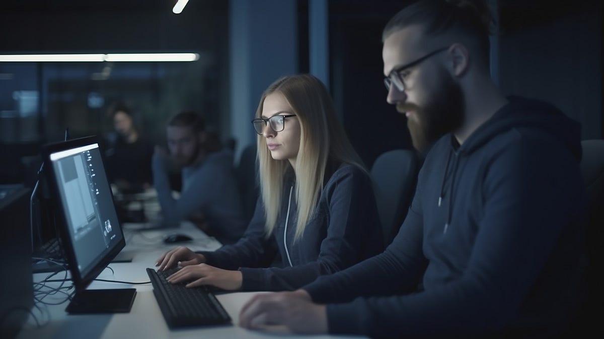 Two programmers, one male and a female sitting behind a keyboard working together.