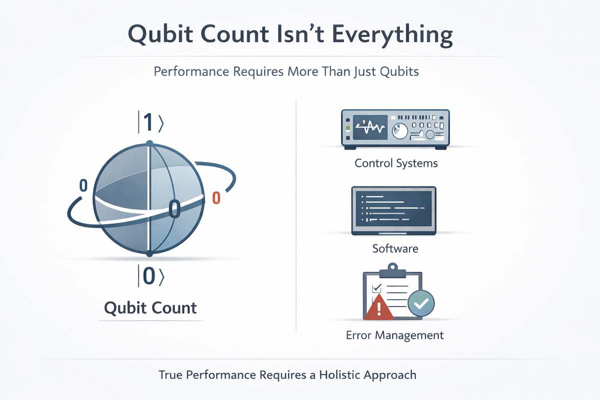 Infographic showing why qubit count alone does not determine quantum computing performance.