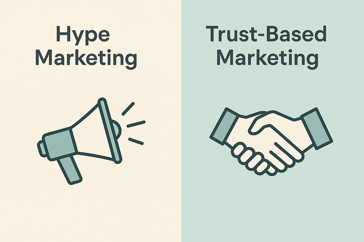 Comparison graphic showing hype marketing versus trust-based affiliate strategies.