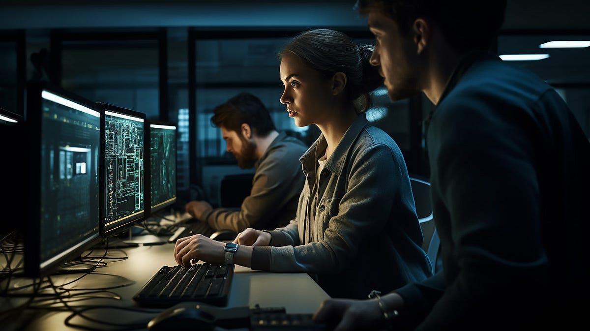 A photo of a young man and woman sitting at a desk working on a computer.