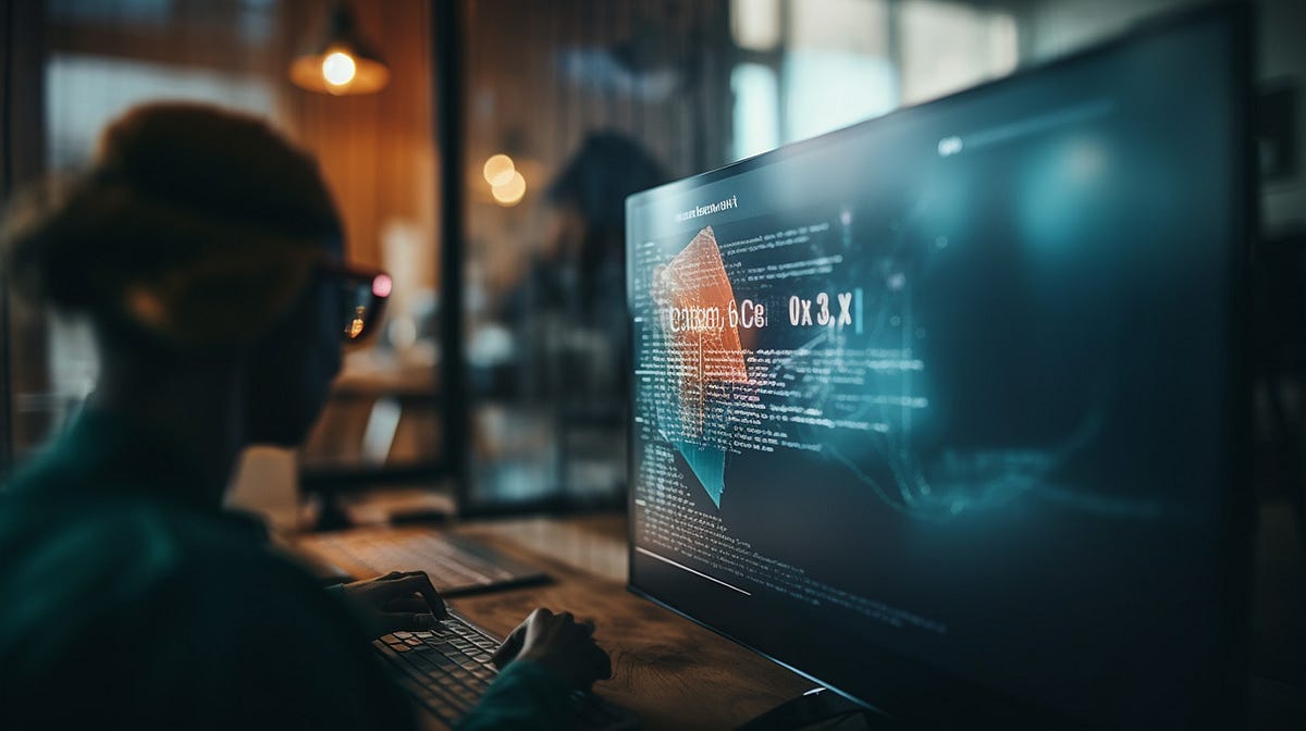 A person wearing glasses works on a computer in a dimly lit room, with code and data visualizations displayed on a large monitor.