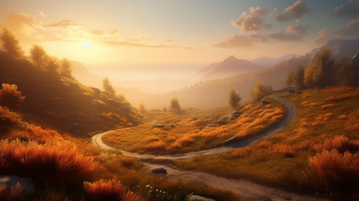 An image of a sunset between mountains and a road that slivers in the distance.