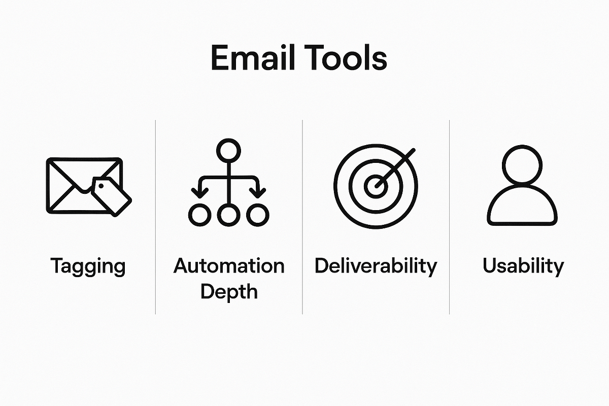“Comparison chart illustrating strengths and weaknesses of different email marketing tools.”