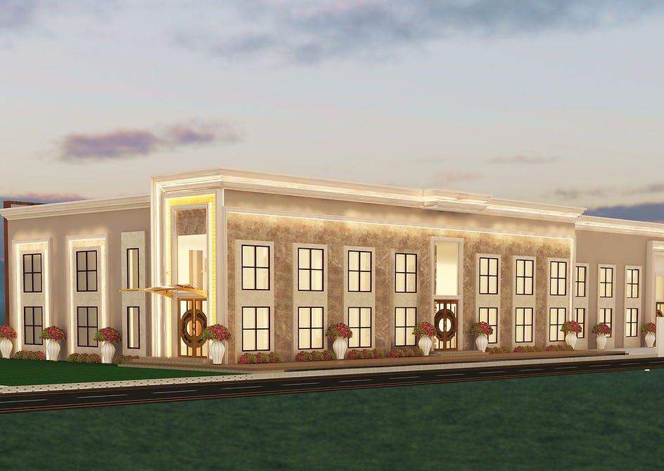 An elegant side elevation of a marriage home in Gurgaon designed by ArchitectsHive, reflecting neoclassical grandeur with symmetrical vertical windows, warm lighting accents, and ornate stone cladding. The luxurious circular door elements and ambient facade lighting enhance the royal aesthetic typical of top InteriorDesignersInGurgaon. Landscaped planters in oversized vases add softness to the architectural rhythm. A perfect showcase of premium InteriorInGurgaon created by a visionary InteriorDe