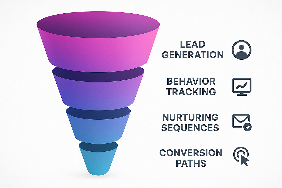 “Funnel visualization showing workflow stages for lead capture, nurturing, and conversion.”