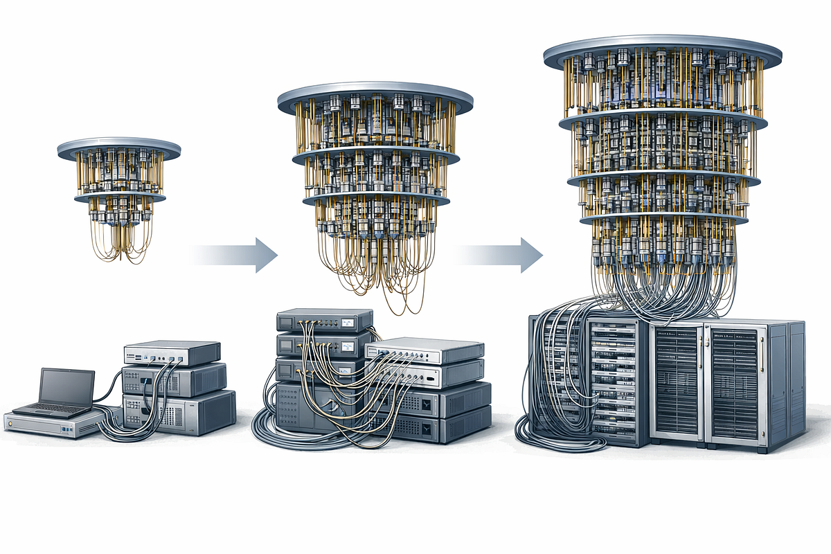 Conceptual illustration showing the increasing system complexity involved in scaling quantum computing hardware.