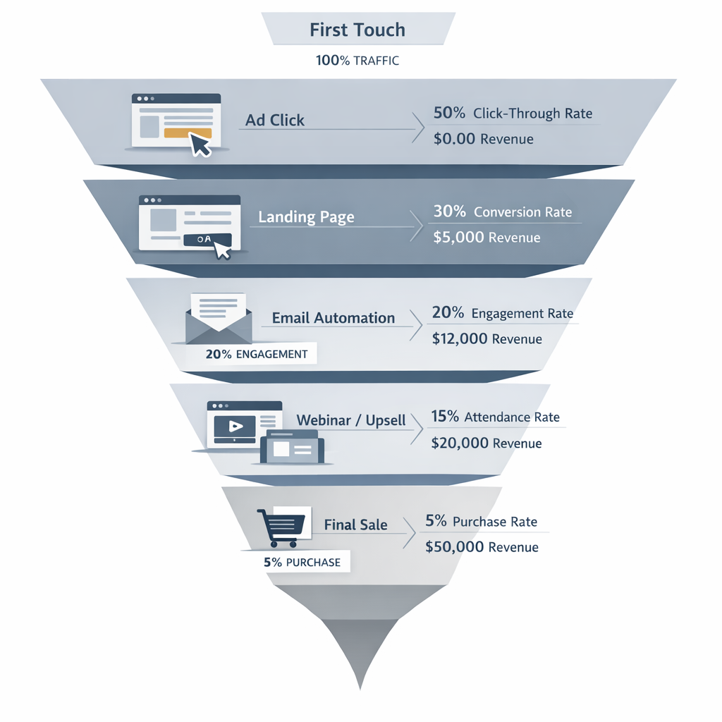 End-to-end funnel lifecycle visualization from first interaction to sale with step-level performance data.