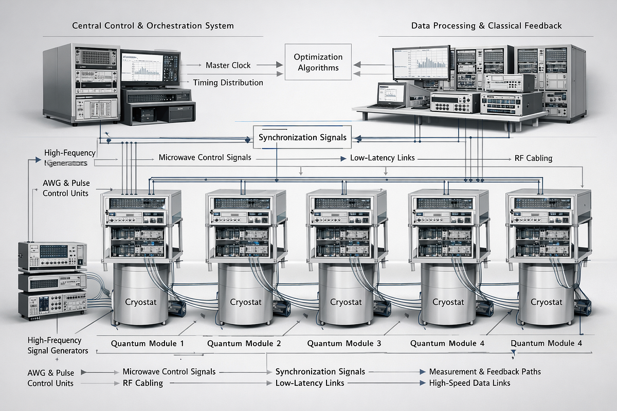 Quantum computing system illustrating control electronics, synchronization, and real-time orchestration across multiple modules.