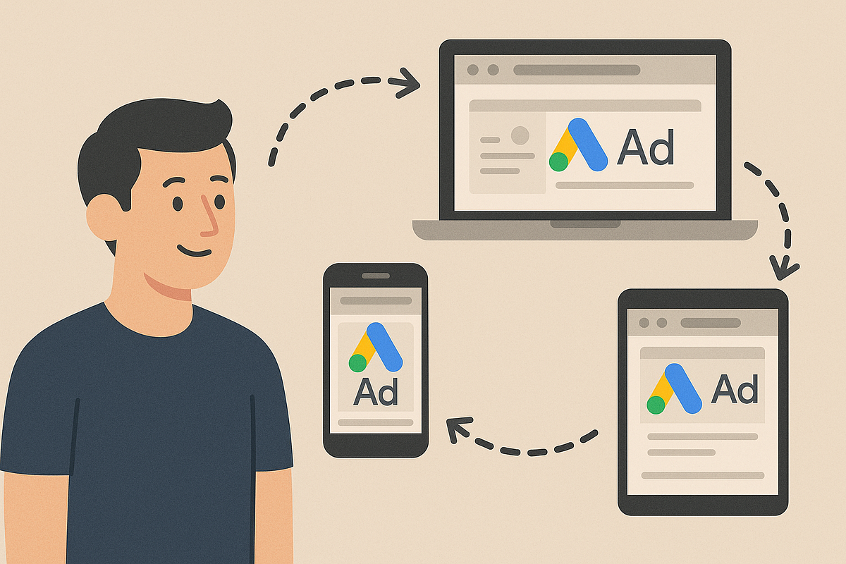 Illustration of remarketing audience being targeted across different devices using Google Ads.