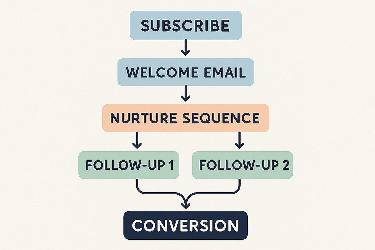 Email marketing automation flowchart showing customer nurturing sequence.