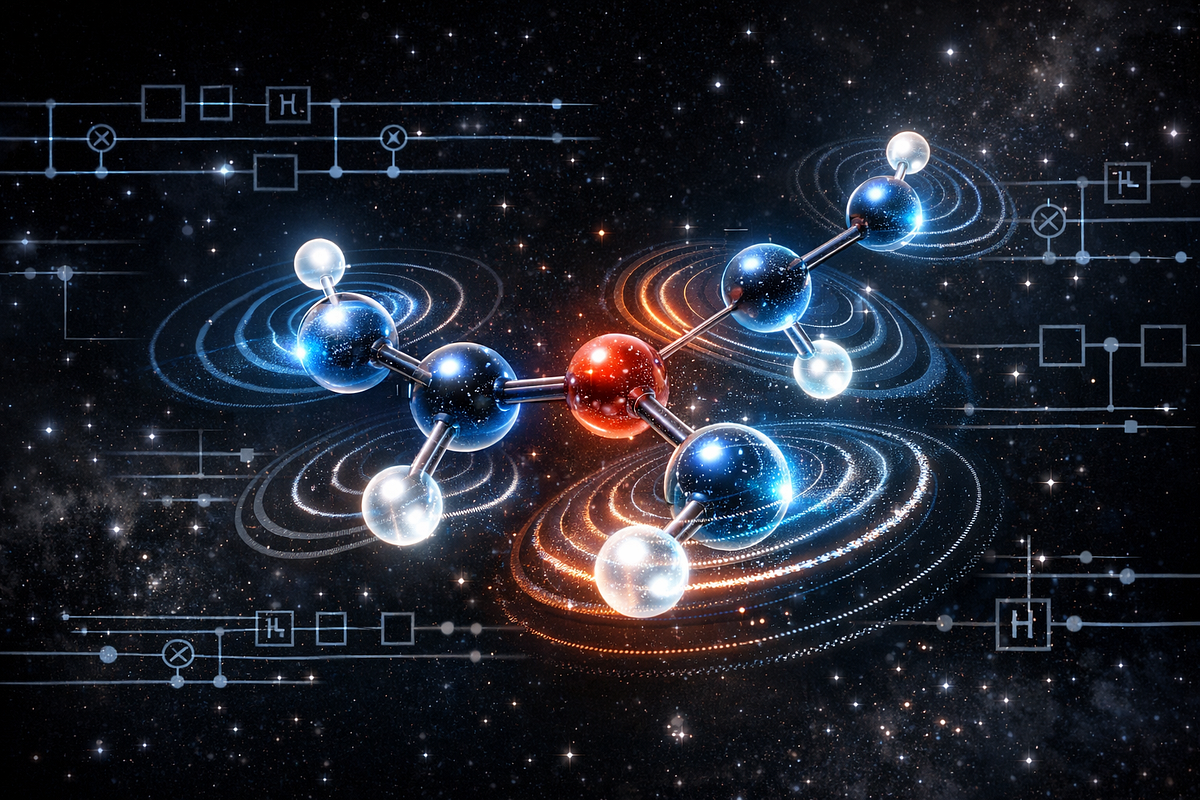 Visualization of a molecule being simulated using a quantum computing algorithm