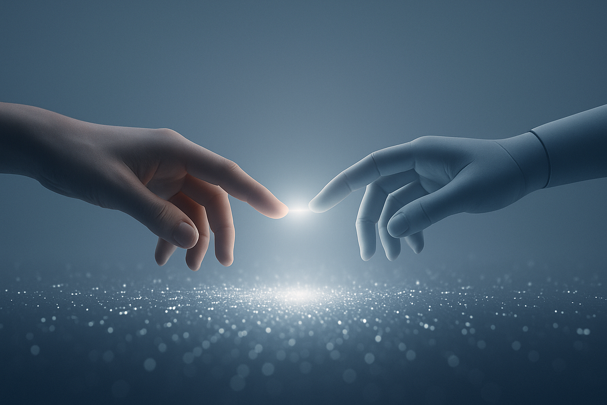 Two human-like hands reaching across a glowing field of light and data, symbolizing the fragile bridge of trust between people and intelligent systems.