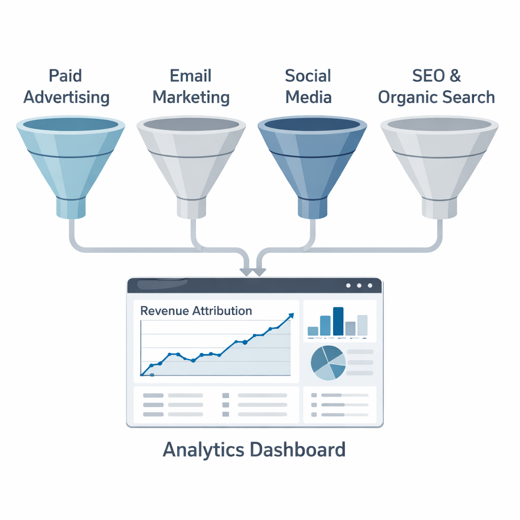 Centralized attribution dashboard tracking revenue across multiple marketing funnels and campaigns.