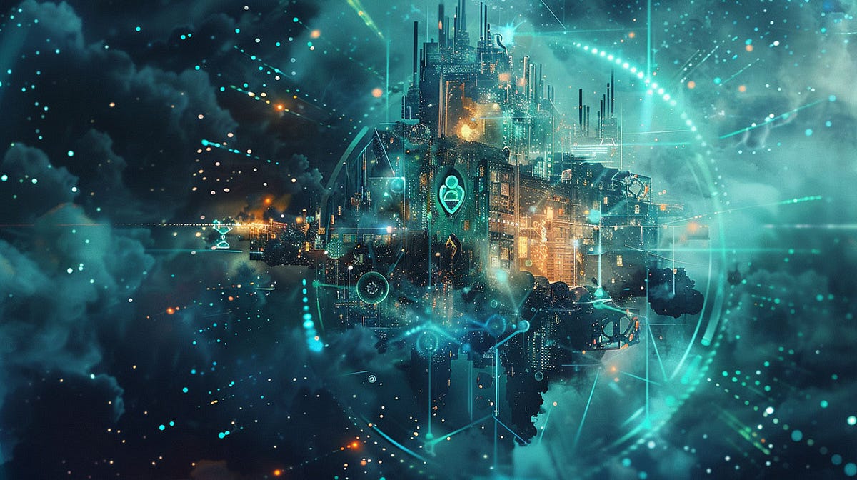 This complex, digitally created landscape represents a futuristic and secure Kubernetes cluster. The central motif is a styli