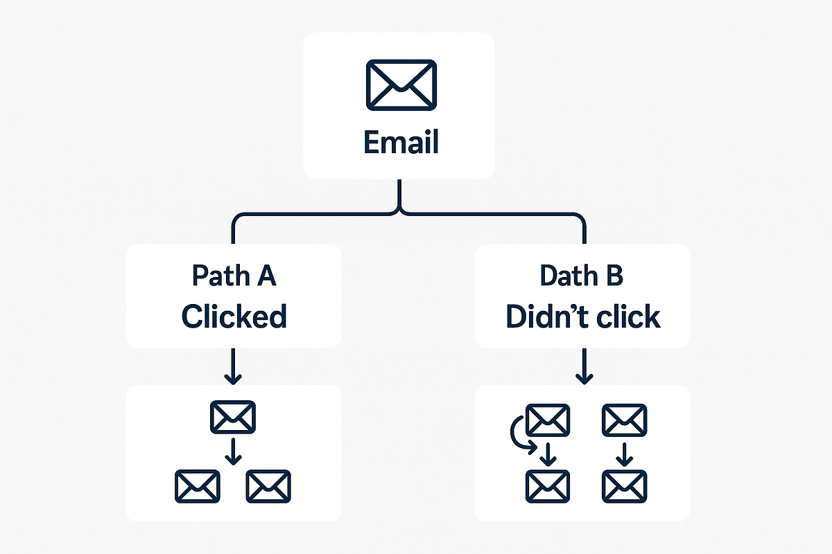“Behavior-based automation split showing email paths triggered by subscriber click actions.”