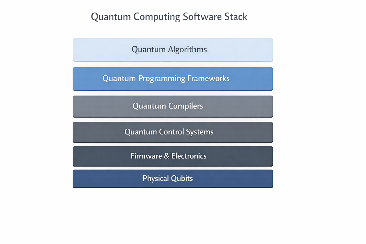 Layered diagram of the quantum computing software stack from algorithms to physical qubits.