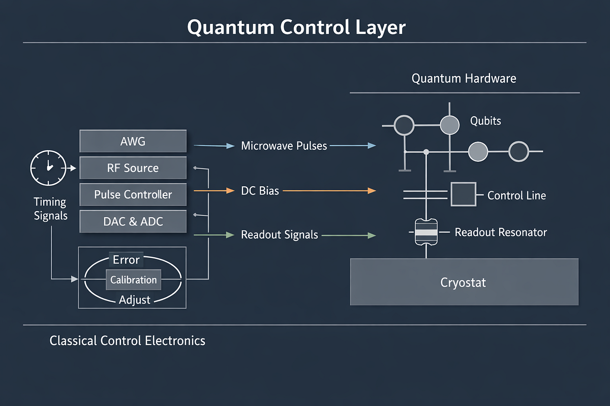 Conceptual illustration of quantum control electronics and calibration systems interfacing with quantum hardware.