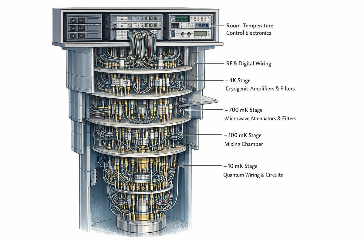 Illustration of control electronics and cryogenic infrastructure used to operate quantum processors inside a dilution refrigerator.