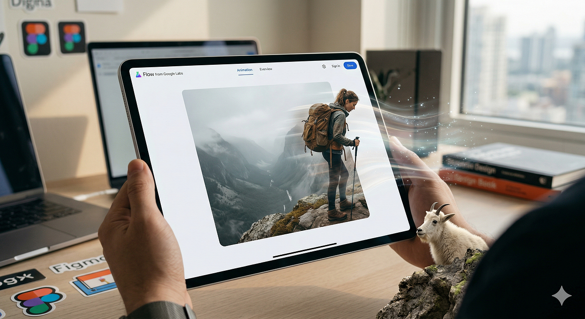A close-up first-person view of hands holding an iPad showing the ‘Flow from Google Labs’ interface. The screen contains a photo of a woman hiker on a peak overlooking a foggy valley. Ethereal energy is flowing from the hiker on the screen, materializing into a small, rocky mountain goat perched on the right side of the iPad. The background shows a wooden desk with a laptop and design materials.