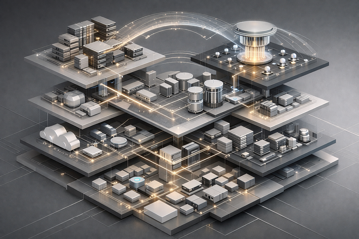 Abstract systems architecture visualization representing integrated hardware, software, and operational layers.