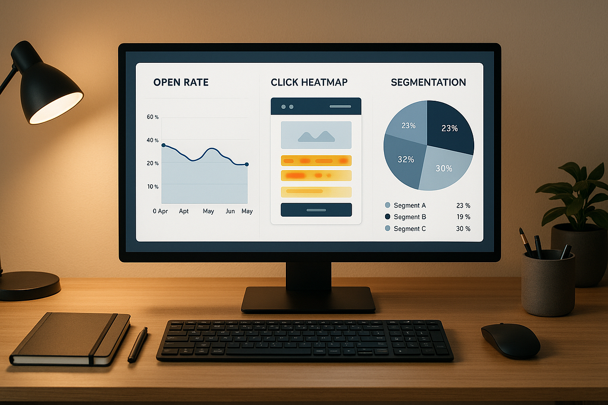 “Marketer reviewing email analytics, open rates, and segmentation results on a large monitor.”