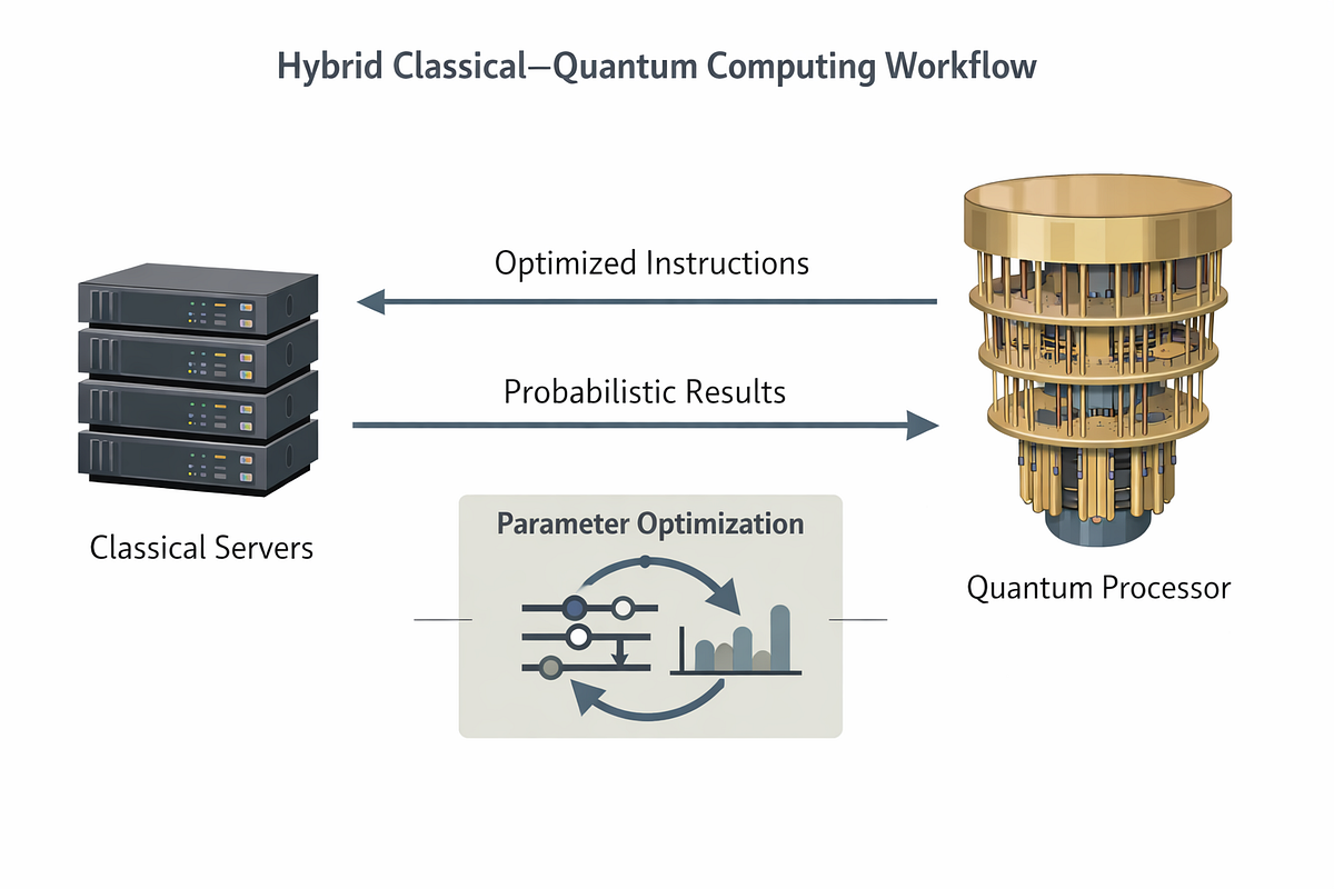 Hybrid classical–quantum computing workflow showing classical orchestration, quantum execution, measurement, and iterative optimization.