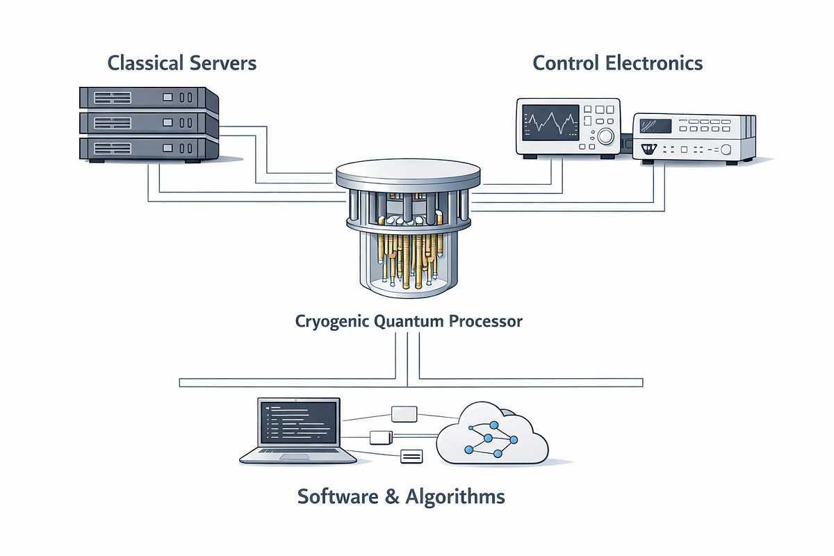 Diagram illustrating a quantum computing system architecture, showing the relationship between quantum hardware, control electronics, software stack, and classical computing infrastructure.