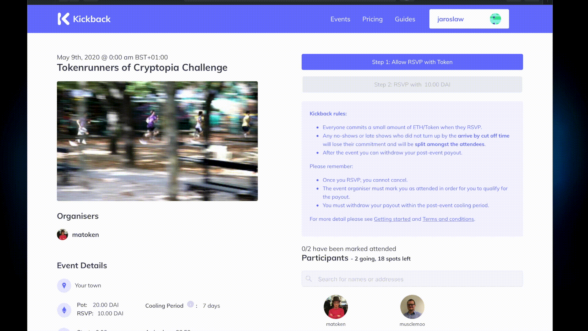 RSVP to an event, pay transaction fee in DAI