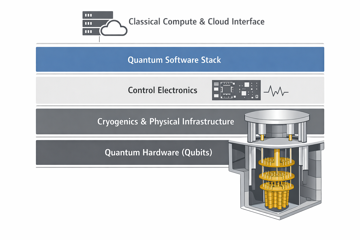 Layered diagram illustrating the hardware, infrastructure, control, and software stack of a quantum computing system.