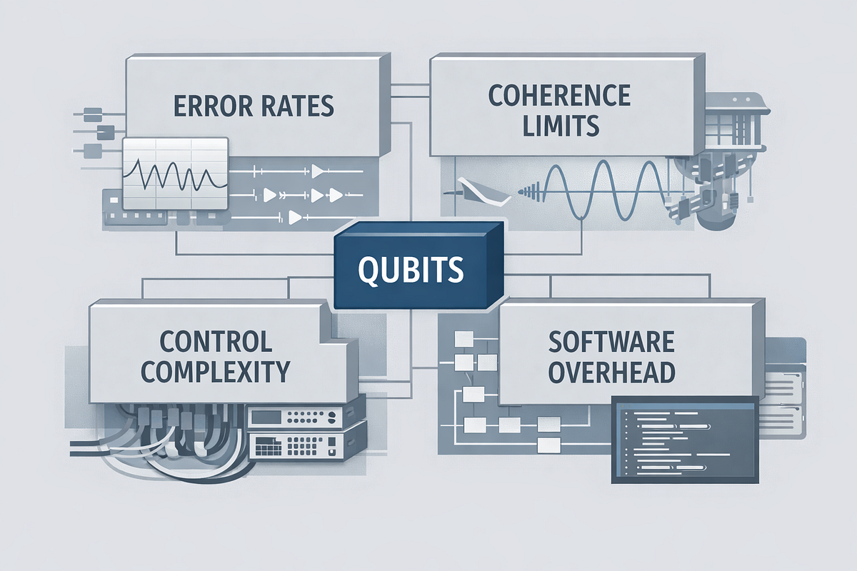 Infographic illustrating how system-level constraints like error rates and control complexity limit quantum computing performance beyond qubit count.