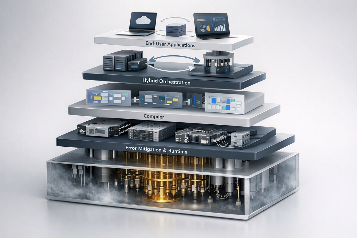 Layered quantum computing system stack showing qubits, control electronics, software layers, and hybrid application workflows.