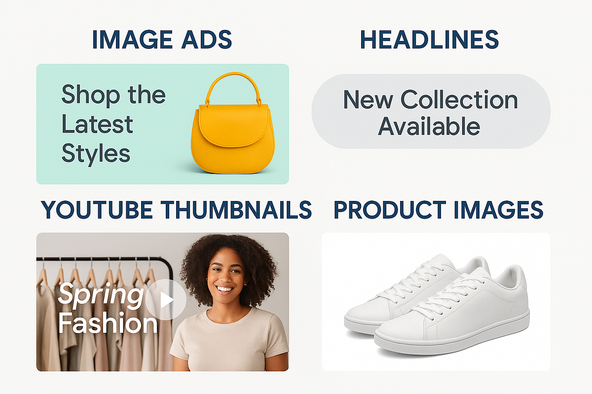 Visual grid of Performance Max creative assets including headlines, videos, and product images.