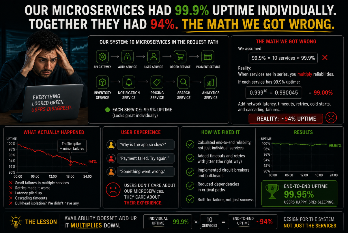 Our Microservices Had 99.9% Uptime Individually. Together They Had 94%. The Math We Got Wrong.