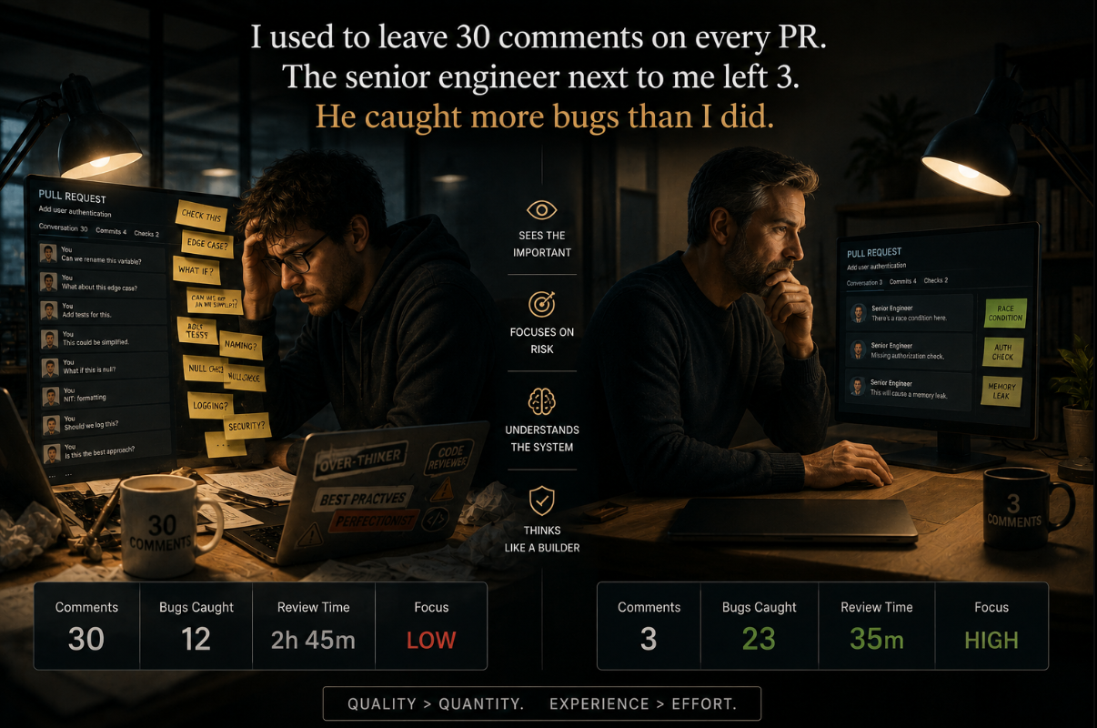 I used to leave 30 comments on every PR. The senior engineer next to me left 3.