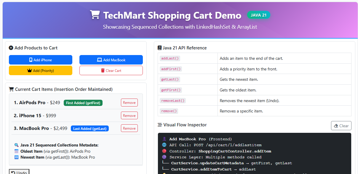 Spring Boot Shopping Cart Demo Using Java 21 Sequenced Collections