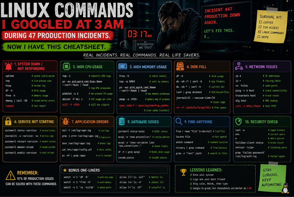 Linux Commands I Googled at 3 AM During 47 Production Incidents. Now I Have This Cheatsheet.