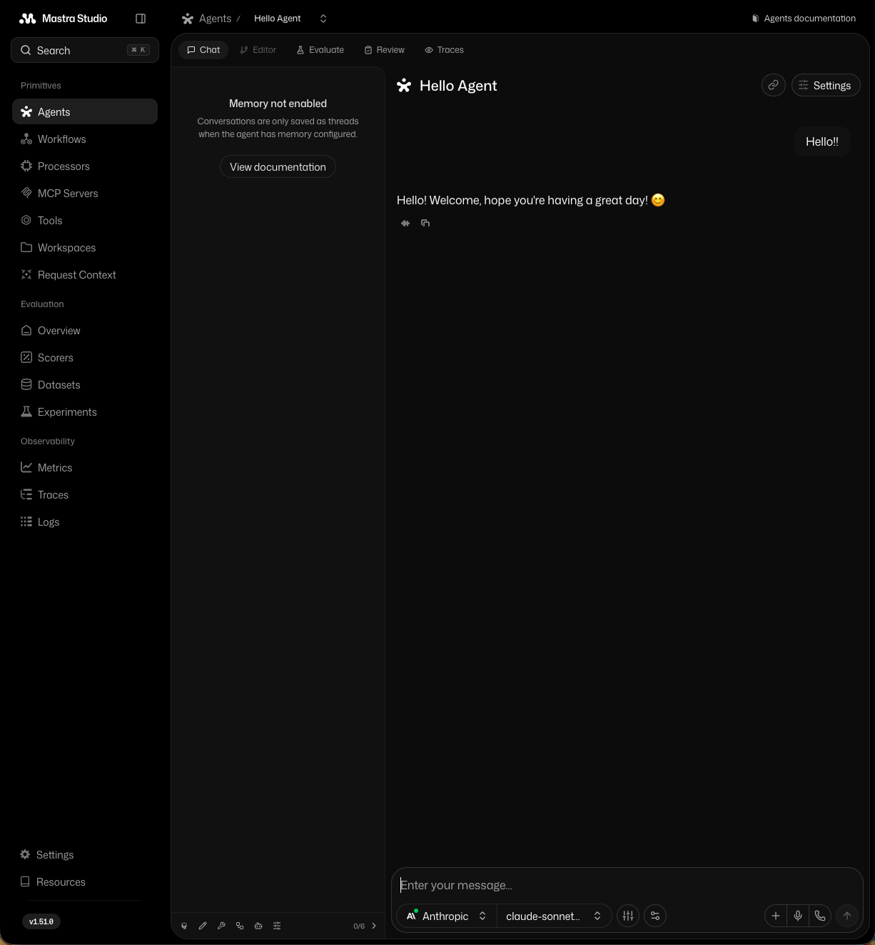 First hands-on step with Mastra: hello world.