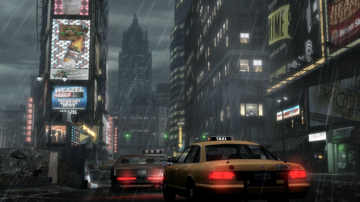 Screenshot of the game. Cars dirve through busy city streets in the rain at night.