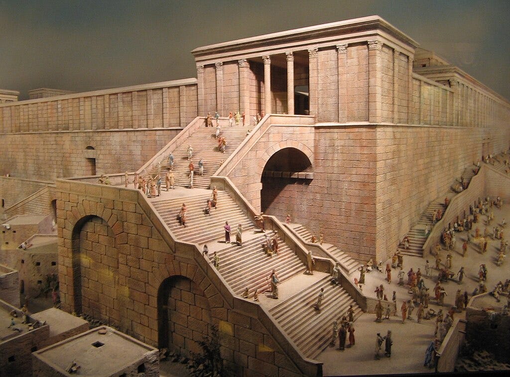Artist’s conception of Solomon’s Temple, with an enormous staircase leading up to an elevated platform and people going up and down.