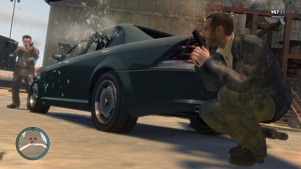 Screenshot of the game. Two men shoot at each other around a black car.