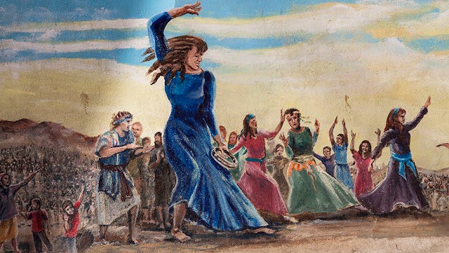Painting of women dancing on the shore outside.